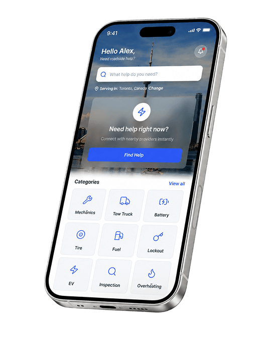 Next Roadside app home screen with service categories