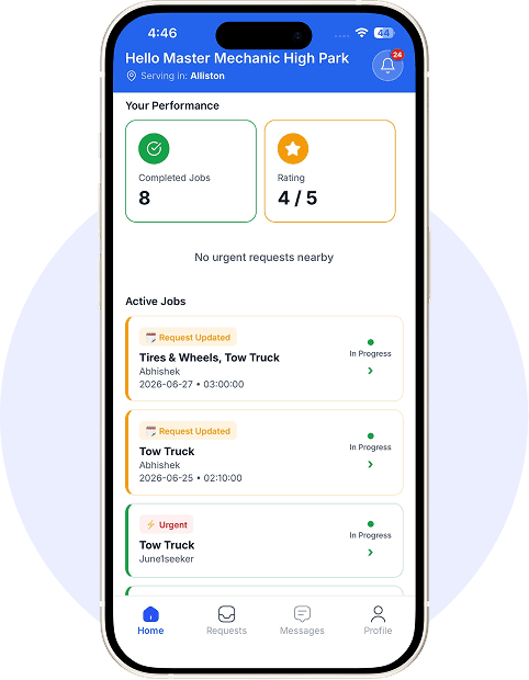 Next Roadside provider app showing performance stats and active jobs